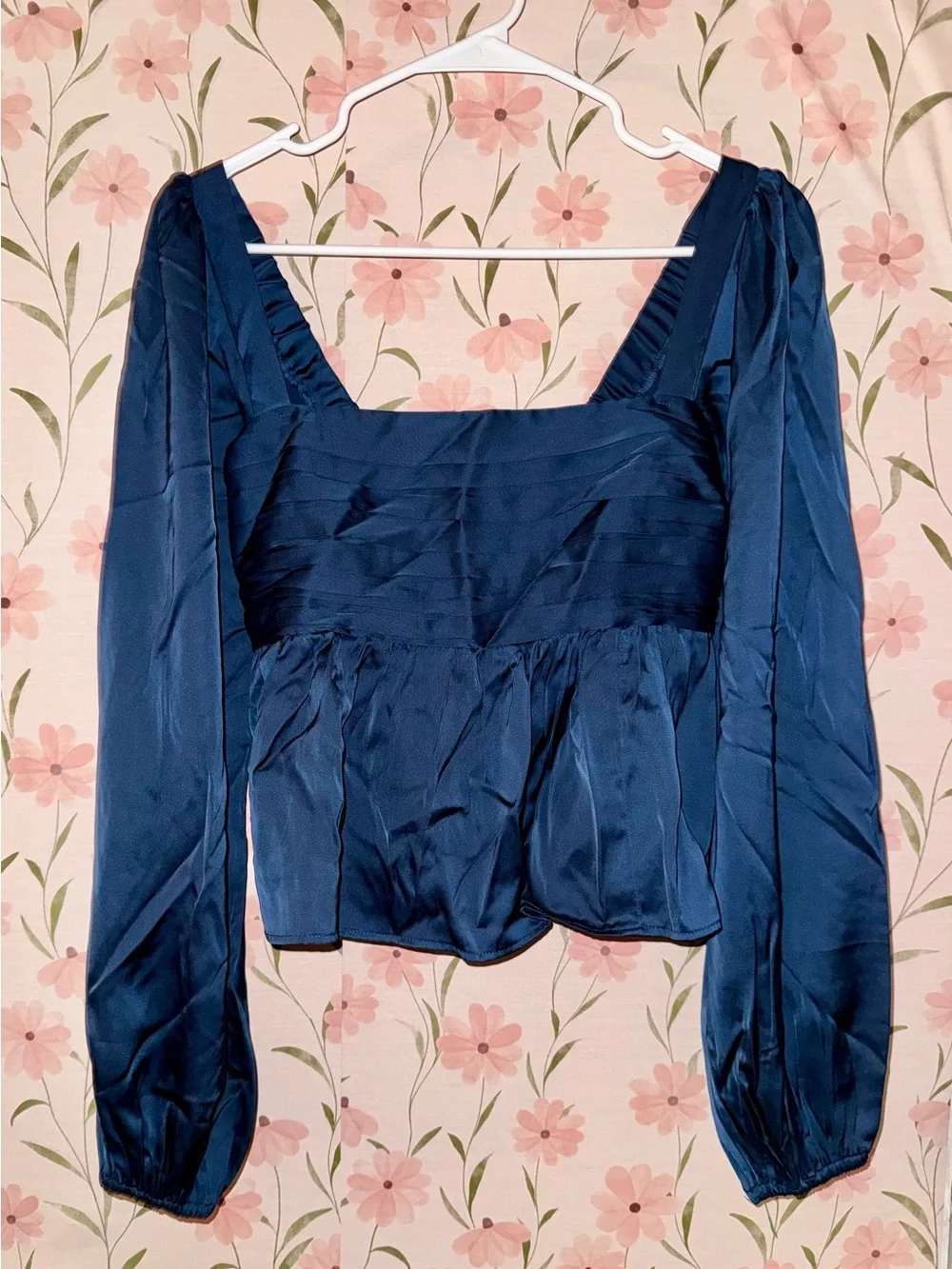 Abercrombie & Fitch Navy Square Neck Satin Peplum Long-Sleeve Top